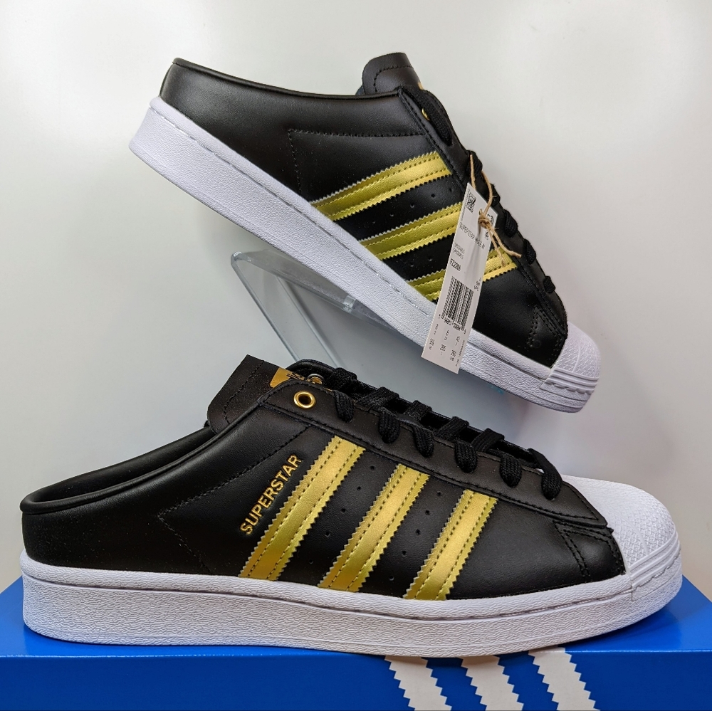 New With Box! Adidas Superstar Mule Black/Gold Metallic/White FZ2268
